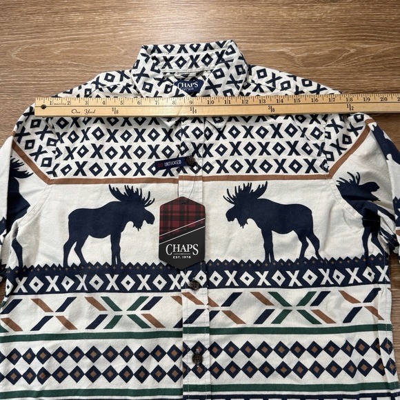 Chaps Men's S Moose Western Aztec Button Down Shirt Oatmeal Cotton Go Untucked - Picture 5 of 12